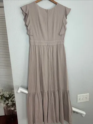 Cynthia Rowley Dusty Mauve Flutter Sleeve Maxi Dress Linen Prairie Demure Medium thumbnail 6