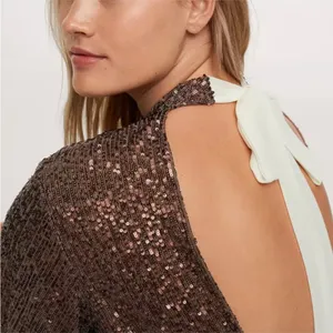 Nwot Mng Mango All Over Sequence Gold Tie Back Party Wear Dress Sz-16 thumbnail 4