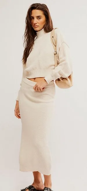 Free People Hailee Sweater Skirt Set in Powder Sand L thumbnail 1