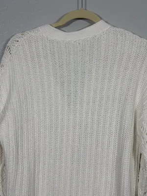Sundance Women M White Hand Knit Cardigan Sweater 100% Cotton Cable Knit Pockets thumbnail 7