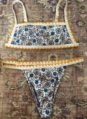 SHEIN Blue and Orange Floral Bathing Suit Set thumbnail 1