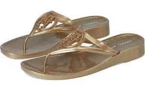 Tommy Hilfiger Women's Vedna Cutout Logo Jelly Thong Sandals- Gold- Size 6 thumbnail 1
