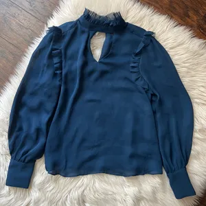 Amaryllis Blue Cut-Out Ruffle Trim Long Sleeve Blouse thumbnail 1