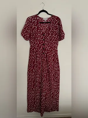 Hayden Los Angeles V-Neck Burgundy Polka Dot Button-Front Jumpsuit thumbnail 2