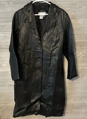 Black leather‎ floral trench coat VTG vintage Allison Woods beautiful detailing thumbnail 1
