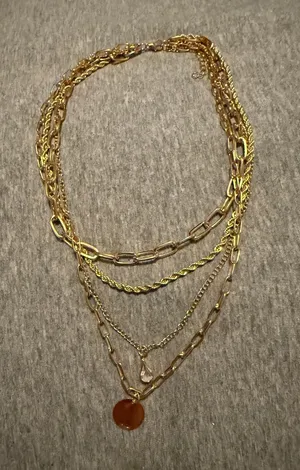 Layered 4- Strand Gold-Tone Multi-Chain Necklace with Amber Pendant thumbnail 1