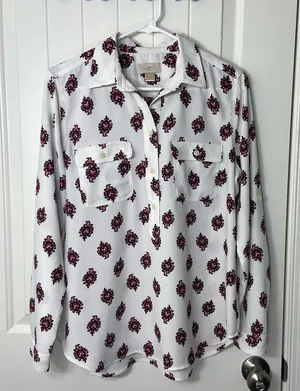 EUC LOFT women’s white pink printed pattern full button front long‎ sleeve shirt thumbnail 1