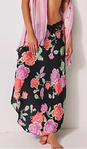 Free People Womens Romance In Rome Black Pink Slip Maxi Skirt Lace Small thumbnail 1
