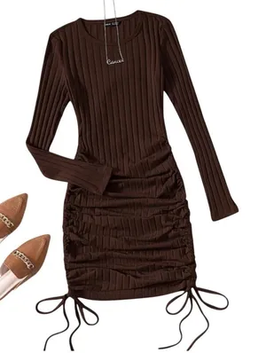 Drawstring Ruched Side Bodycon Dress in Brown, Size XS​ thumbnail 1