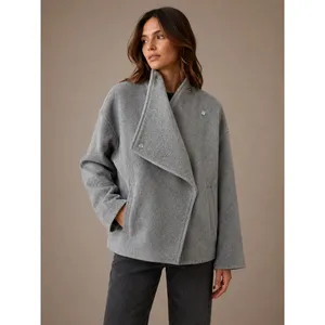 Zara Women Short Coat S Gray Asymmetric High Neck Gold Button Felted Jacket thumbnail 3