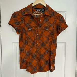 Harley Davidson Orange Plaid Short Sleeve Button Up‎ Size Medium thumbnail 1