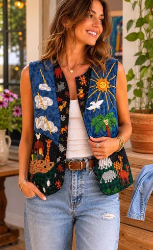 Noah's Ark Quilted Appliqué Novelty Teacher Vest Blue Large thumbnail 1