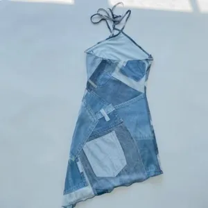 Motel Rocks Adelia Denim Print Mesh Asymmetrical Halter Mini Dress XS thumbnail 5