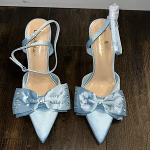 NWOT Lulus Light Blue Satin Rhinestone Bow Stiletto Heels thumbnail 2