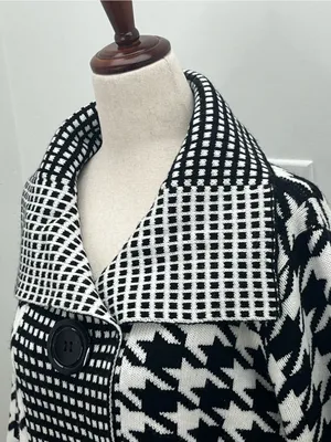 SIONI Black White Houndstooth Knit Wool Blend Cardigan Sweater Jacket Medium thumbnail 3