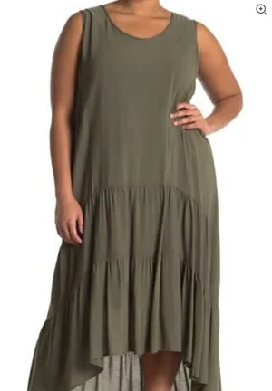 West Kei Women's Plus Size 1X Gauzy Hi-Lo Hem Dress Olive Green Sleeveless thumbnail 1