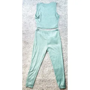 Sage Green Ribbed Knit 2 Piece Set Crop Top and Tie Waist Joggers XL thumbnail 7