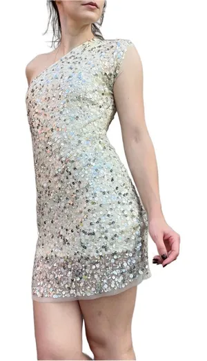 Y2K Vintage Arden B White and Silver Sequin One Shoulder Mini Party Dress Small thumbnail 1