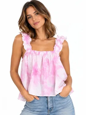 Zara Womens Pink Tie Dye Babydoll Tank Top Small Ruffle Strap Cotton Coquette thumbnail 1