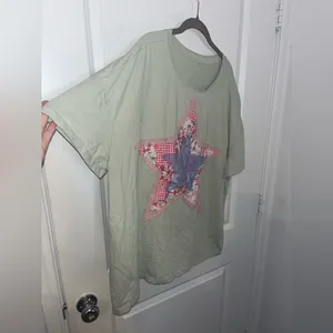 Layered Fabric Star Patchwork MintGreen Oversized T Shirt Y2K Indie Americana XL thumbnail 9
