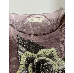 Miss Edge Gray Grey Rose Floral Diamond Studded Lace Short Sleeve T-Shirt Top Blouse Tee Size S 🌹✨ thumbnail 3