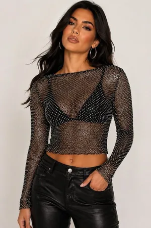 Akira Women's Black Glitter Mesh Metal Rhinestone Long Sleeve S/M Glam Y2K Party thumbnail 1
