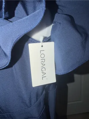Loragal off-Shoulder Navy Ruffle Wide-Leg Jumpsuit with gold Belt side zip NWT thumbnail 7