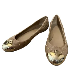 Tory Burch Kaitlin Taupe Gold Cap Toe Studded Medallion Slip On Ballet Flats 6.5 thumbnail 4