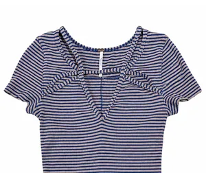 Free People Ribbed Striped V-Neck Tee Blue Tan Stretch Fitted Top Women’s S thumbnail 2