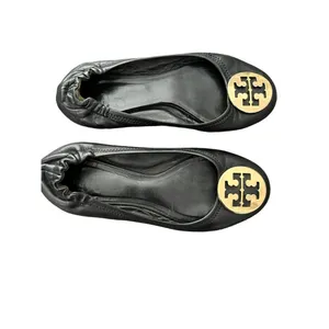 Tory Burch Reva Black Leather Gold Logo Medallion Ballet Flats Size 7 thumbnail 5