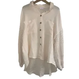 Pink Lily Keep Shining Cream Crochet Sleeve Gauze Sz Large Shacket thumbnail 3