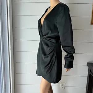 Zara Dark Green Long Sleeve Wrap Satin Dress Sz M thumbnail 4