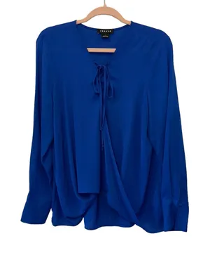Trouve Faux Wrap Blouse‎ Large Blue Tie Neck Draped Front Long Sleeve Workwear thumbnail 1