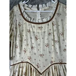 Vintage Homemade Prairie Floral Maxi Dress Cream Lace Ruffle Cottagecore Large thumbnail 2