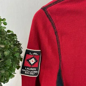 Ralph Lauren Red & Black Ribbed Zip Neck Long Sleeve Logo Patch Top L thumbnail 4