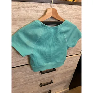 OFFLINE by Aerie Seamless Ribbed Crossover Crop Top Aqua Blue Short Sleeve M thumbnail 5