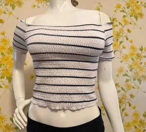 NWOT striped short sleeve off the shoulders Bikini set size M thumbnail 1