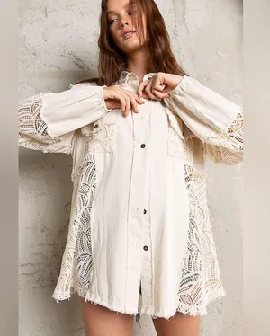 POL Cream Lace Detail Button-Up Top thumbnail 4