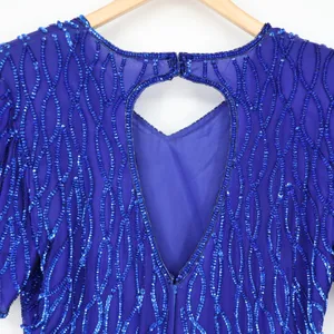Vintage Silk Sequin Evening Gown Maxi Dress Lined Blue Elegant Zipper M/L 19"P2P thumbnail 12