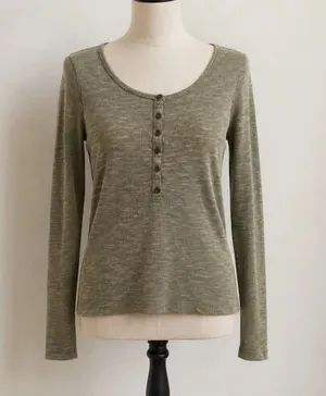 Universal Threads Olive Ribbed Henley Top Long Sleeve Stretch Shirt Size S thumbnail 1