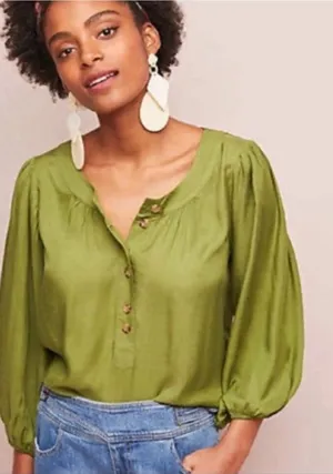 Maeve Anthropologie Green Kalas Button Henley Top Balloon Sleeve Shirt XS thumbnail 1