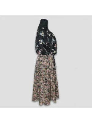 Vintage 80s Floral Full Swing Dress Black Boho Medium thumbnail 3
