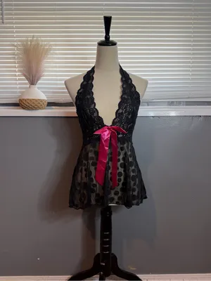 H.O.T. Y2K Black Lace Sheer Polka Dot Babydoll Halter Lingerie Top One Size thumbnail 2