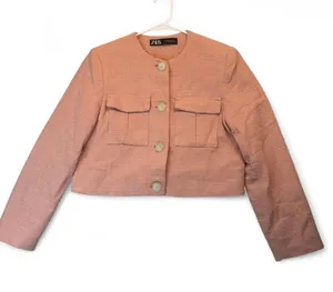 Zara Pink Tweed Jacket with subtle checkered texture Size XS #tweed #preppy thumbnail 1