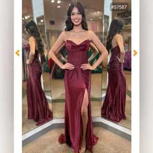 Sherri Hill Size 12 Burgundy Prom Dress – Satin Corset Mermaid Gown w/ Slit thumbnail 13