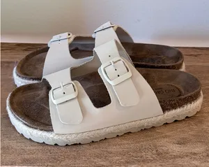 Bio Green Spain Ivory White Leather‎ Double Strap Buckle Slide Sandals 39 | 8 thumbnail 1