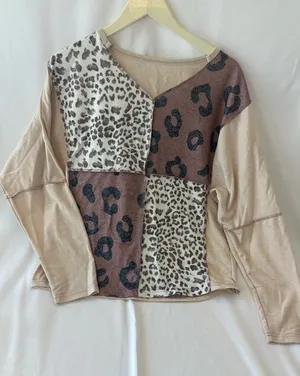 Leopard Patchwork Long Sleeve Animal print color block long sleeve V-neck top thumbnail 1