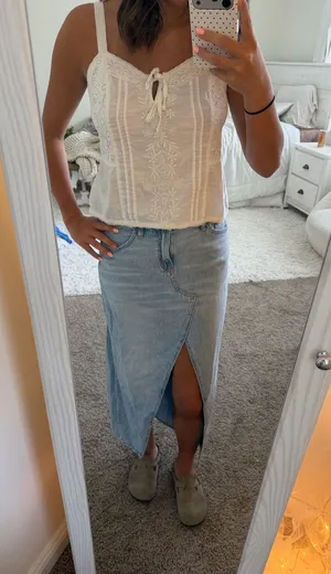 American Eagle Light Wash Denim Maxi Skirt with Front Slit thumbnail 1