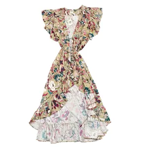 NEW BALIelf Made by Hand Carmen Wrap Short Sleeve Maxi Dress Beige Floral XL thumbnail 6