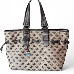 Dooney & Bourke Signature DB Monogram Canvas Tote Brown Leather Y2K Large thumbnail 1